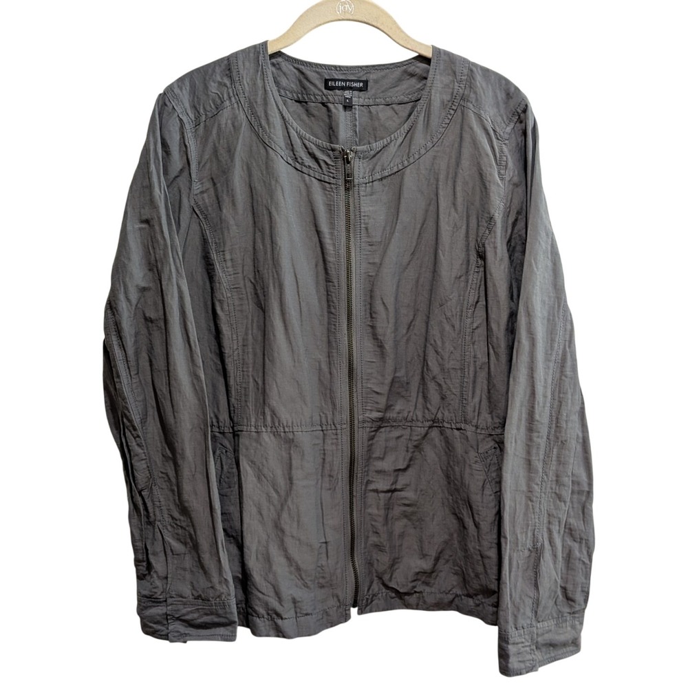 Eileen Fisher Womens Jacket S Gray Rumpled Cotton Steel Zip Front Lightweight